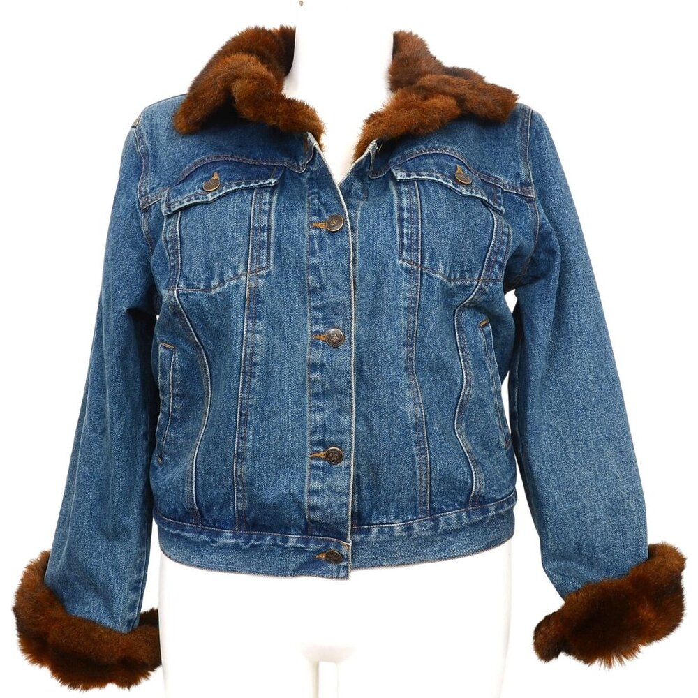 FU DA New York Jean Jacket Womens XL Dark Blue Cotton Denim Faux Fur Trim Jacket